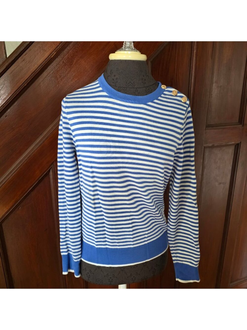 Brooks Brothers Striped Blue & White Sweater Gold Button Detail Shoulder Size S